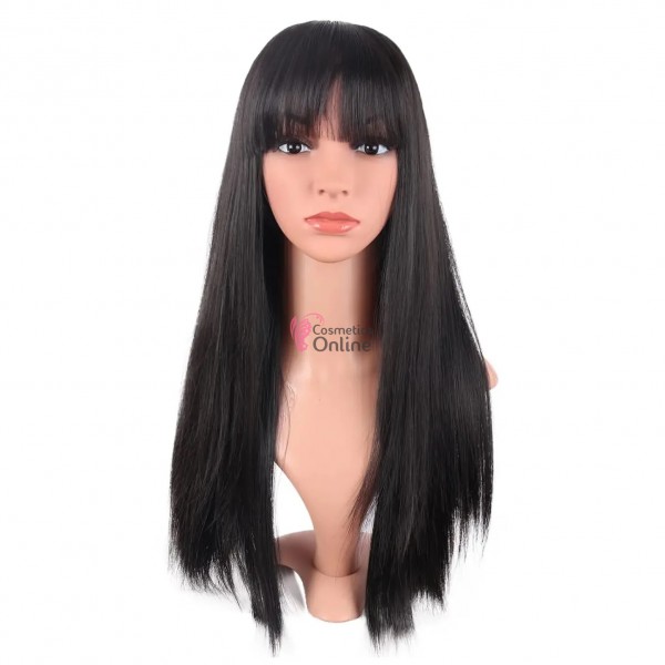 Peruca din fibra sintetica cu par lung cu breton de 65 cm drept Brunet 9011651B